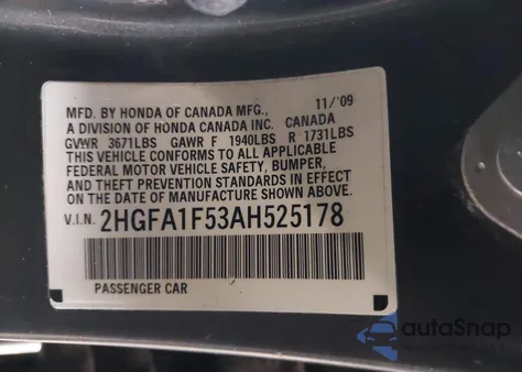 2010 Honda Civic Lx from USA, damaged, VIN 2HGFA1F53AH525178
